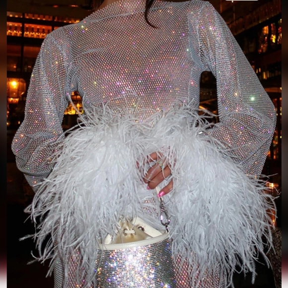 Sexy Mesh Mini Dress Women Fashion Feathers Tassel Full Sleeve - Picture 2 of 5